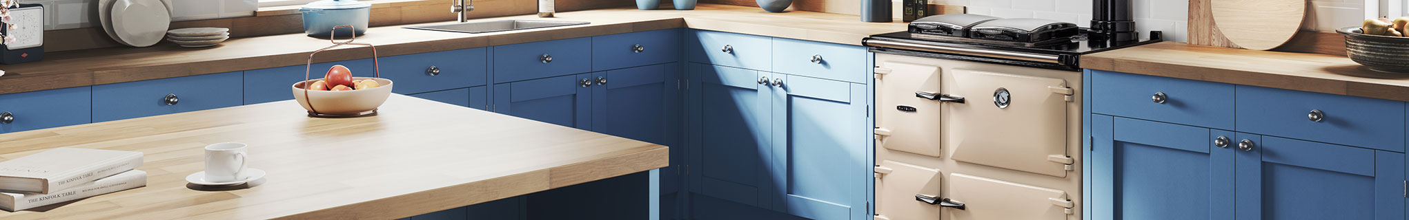 Rayburn Heatranger in Linen with blue cabinetry